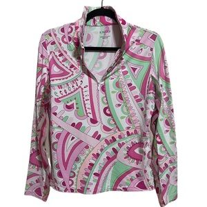 IBKUL‎ ICIKULS Golf Women Medium Mesh Sleeve Zip Pink White Geometric Top